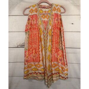 JOHNNY WAS Silk Bohemian Embroidered Open Front Long Blouse Coral Yellow XS